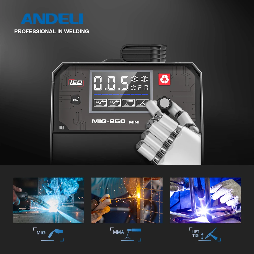 ANDELI MIG Welder Semi-Automatic Inverter ARC MMA Gas-Less Mig Synergy MIG 250 Home Use Welding Machine Flux Core