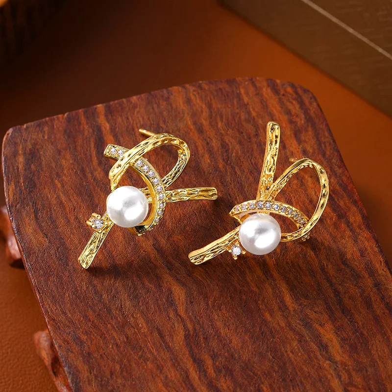 

French niche light luxury set zircon bow earrings