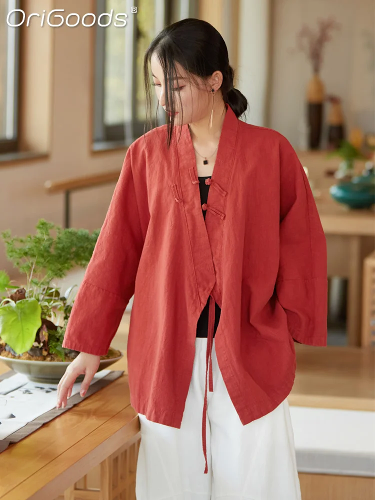 OriGoods-camisa Kimono estilo chino Vintage para mujer, Tops de algodón, blusa holgada estilo Zen japonés, B348, 2022