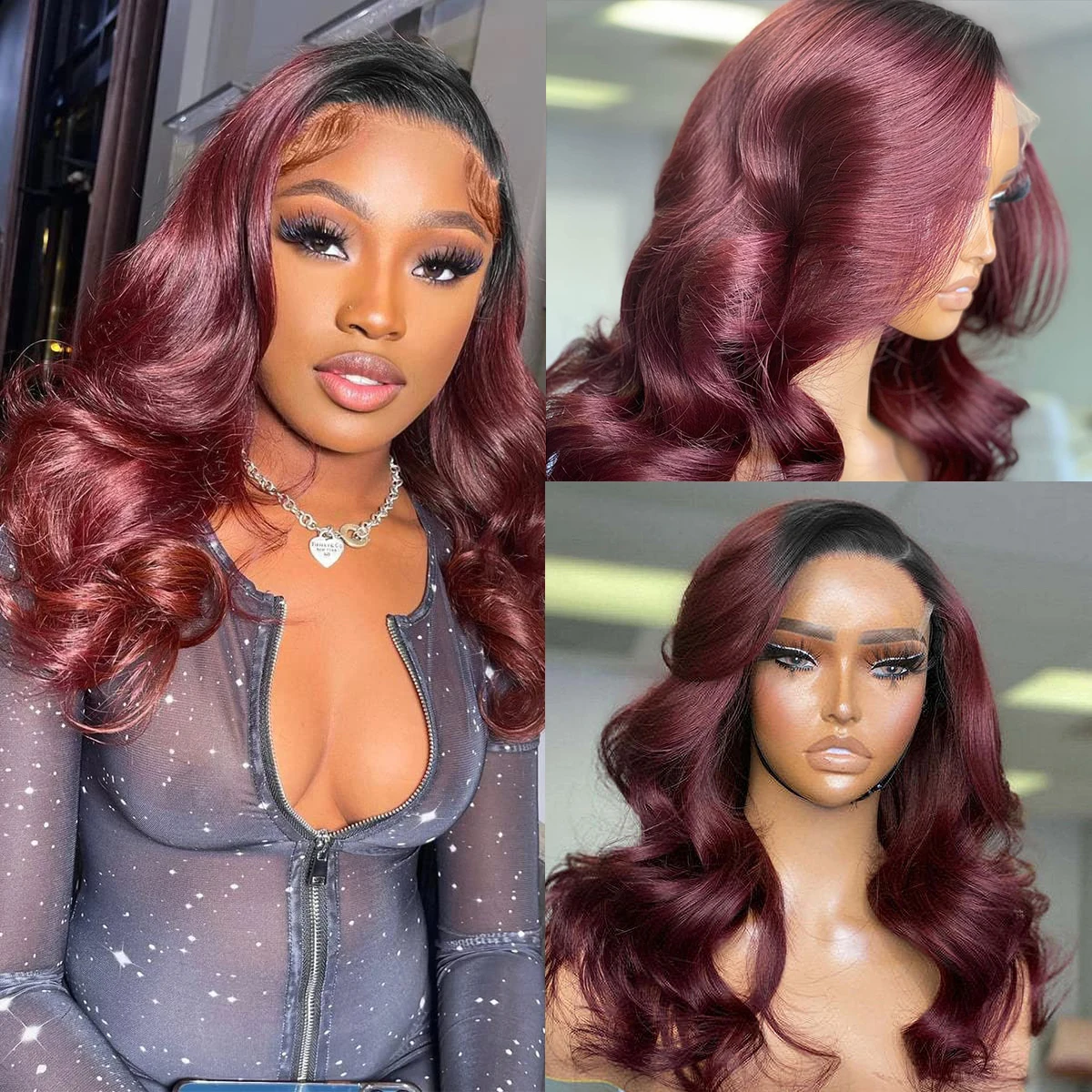 

1B 99j Lace Front Wig Body Wave Brazilian Ombre Human Hair Wigs Pre Plucked 13x4 1B Burgundy Red Lace Frontal Wigs 180% Density