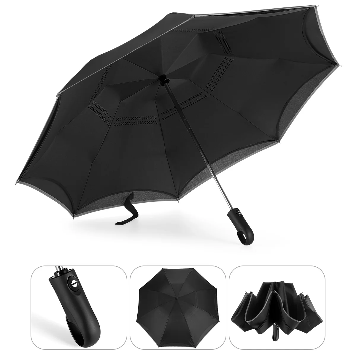 

Reverse Umbrella Automatic Open and Close Flolding Bumbershoot for Rain Car Outdoor with Night Safety Reflective Strip Double Ve