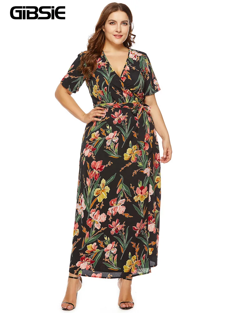 

GIBSIE Surplice Neck Boho Print Beach Dress Women Vacation Short Sleeve Summer Maxi Dresses 2022 Plus Size Belted Swing Dress