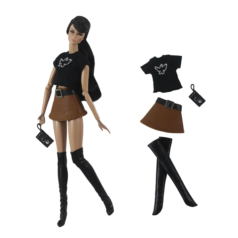 

Комплект одежды/черный топ + кожаная юбка + сумка + ботинок/30 см кукольная одежда, летняя одежда, наряд для куклы Барби 1/6 Xinyi FR ST