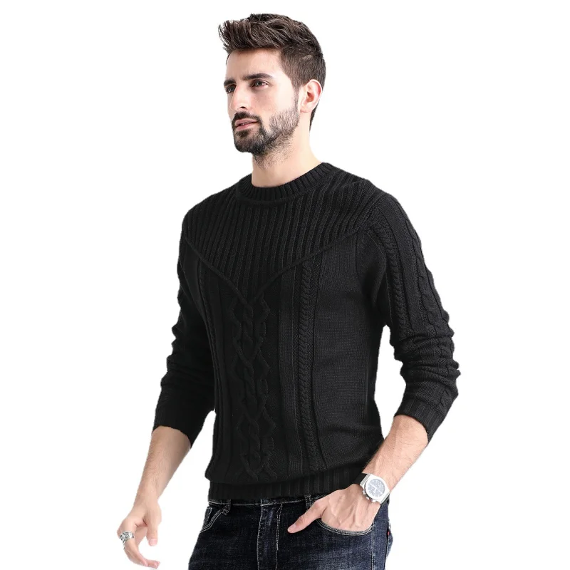 Europe America Men's Sweater Solid Round Neck Twisted Knitting Top Autumn Winter Vintage Basic Warm Knitwear for Men Slim Fit