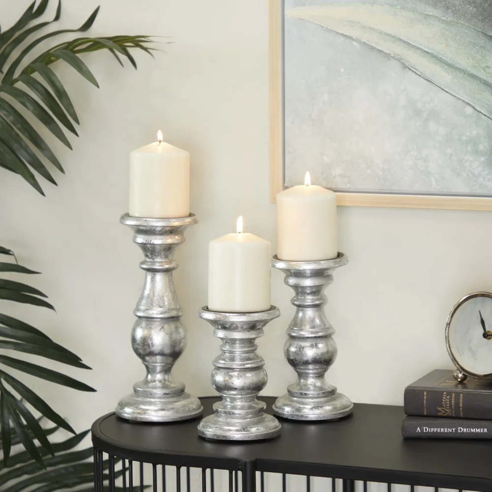DecMode 3 Candle Silver Mango Wood Turned Style Pillar Candle Holder, Set of 3