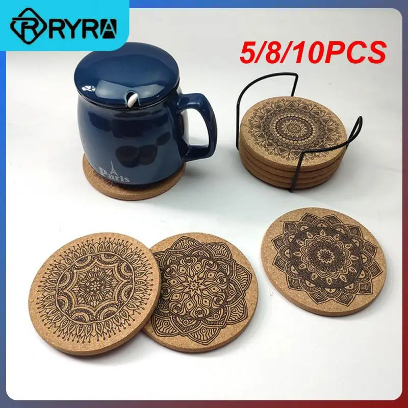 

5/8/10PCS Coffee Cup Pad Creative 1 Set Wooden Coasters Table Mat Non-slip With Rack Nordic Mandala Round Cork Coaster
