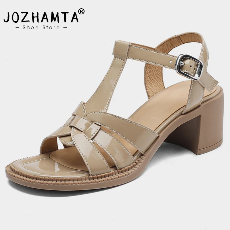 

JOZHAMTA Size 34-42 Women Sandals Real Leather Rome High Heels Shoes Woman Summer 2023 Retro Buckle Casual Thick Heeled Sandal