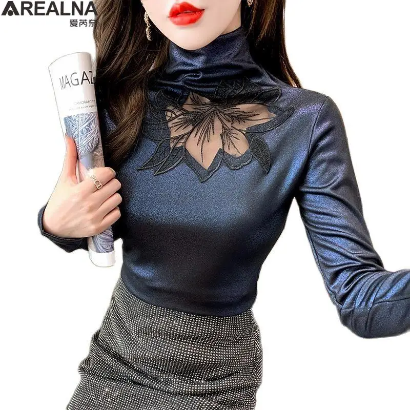 

korean fashion hollow out t shirt women long sleeve turtleneck velvet sexy slim bottoming tee shirt femme camisetas de mujer 4XL