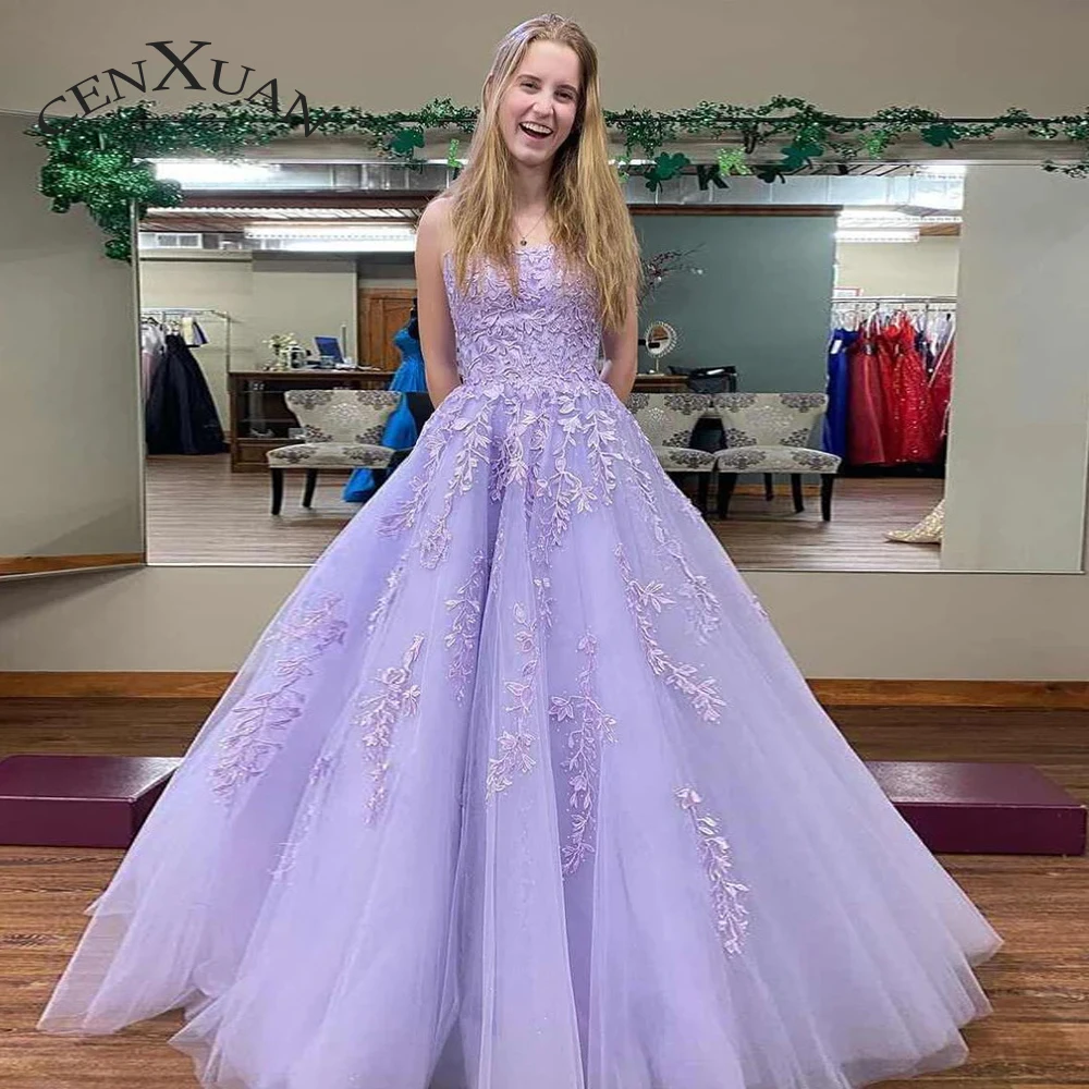

CENXUAN Charming Strapless Prom Dresses For Women Lace Appliques Corset A-line Backless Court Train Robe De Mariée Personalised