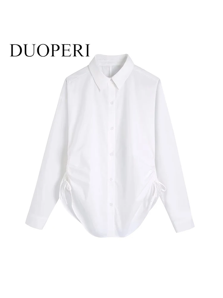 

DUOPERI Women Fashion Solid Single Breasted Shirring Blouse Vintage Lapel Neck Long Sleeves Female Top Shirts Mujer