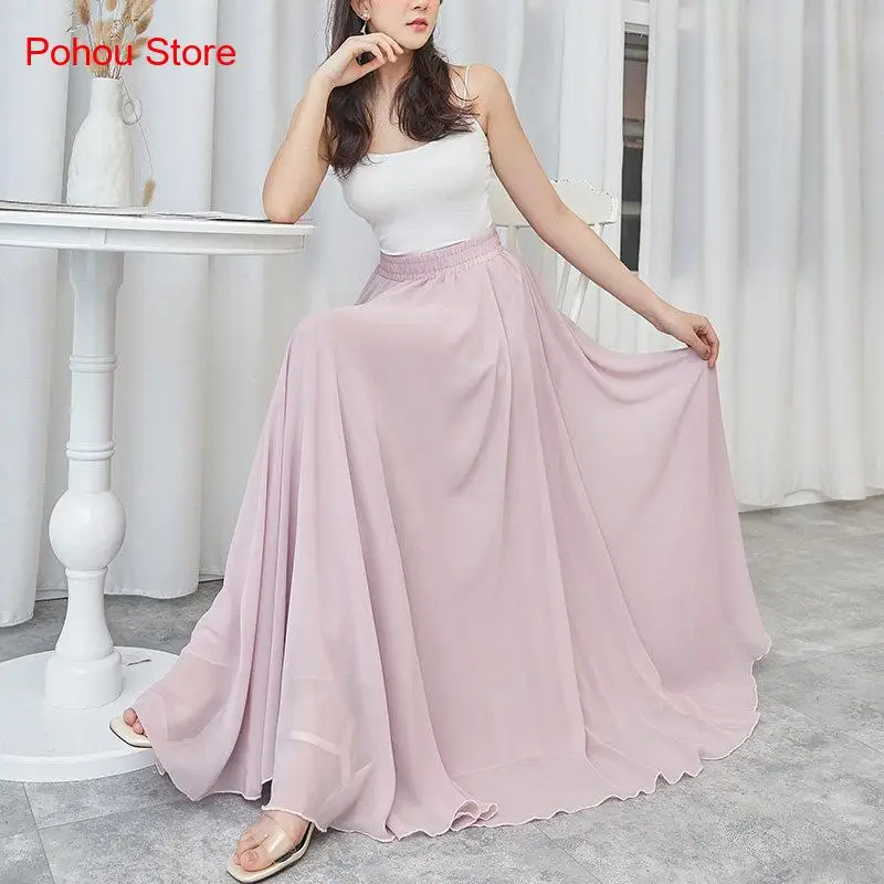 Женская шифоновая пляжная трапециевидная юбка трехслойная длинная