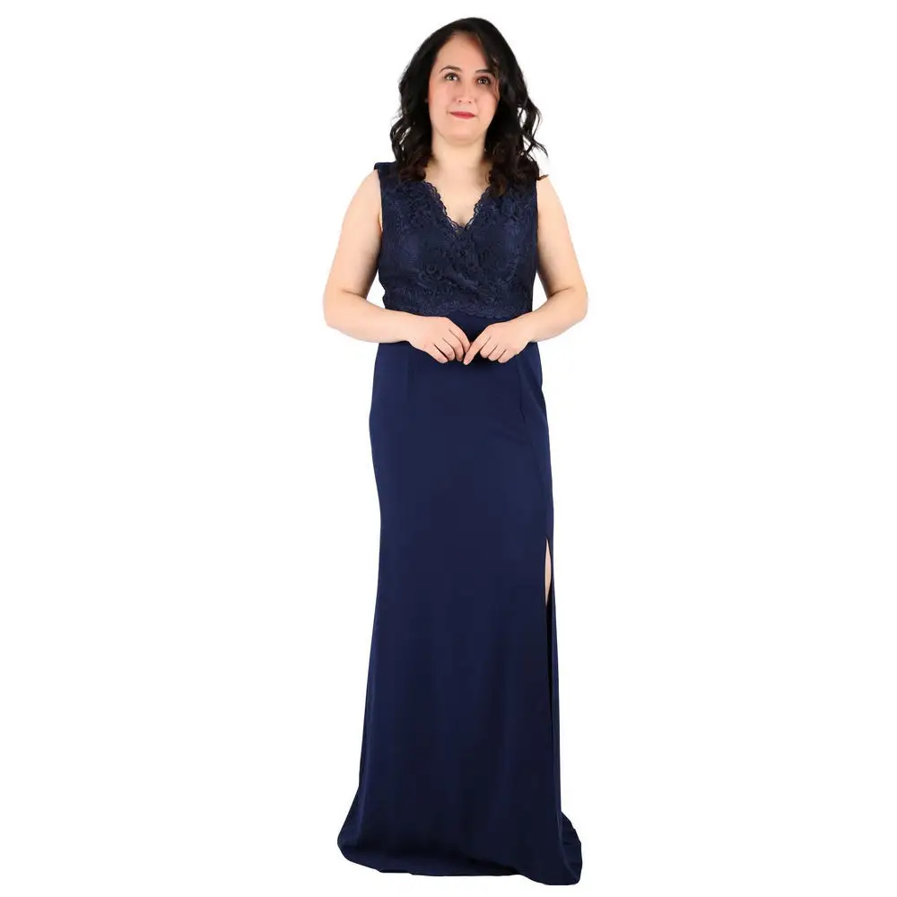 

Facho women large size evening dress Cpr4185 double breasted lace collar sleeveless slit detail navy blue