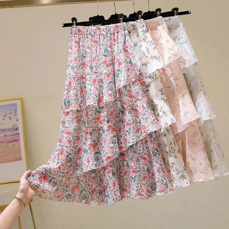 

Women's Dress Floral Irregular Ruffles A-Line Skirt High-Waisted Women's Versatile A-line INS Cake Skirt Fashion Harajuku