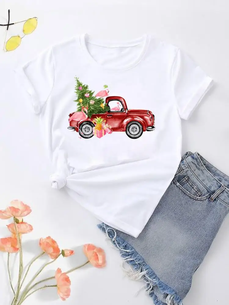 

Женская футболка с рисунком грузовика, стильная Акварельная футболка, Рождественская одежда, женский новогодний модный топ с коротким рукавом и принтом, футболка с графическим рисунком
