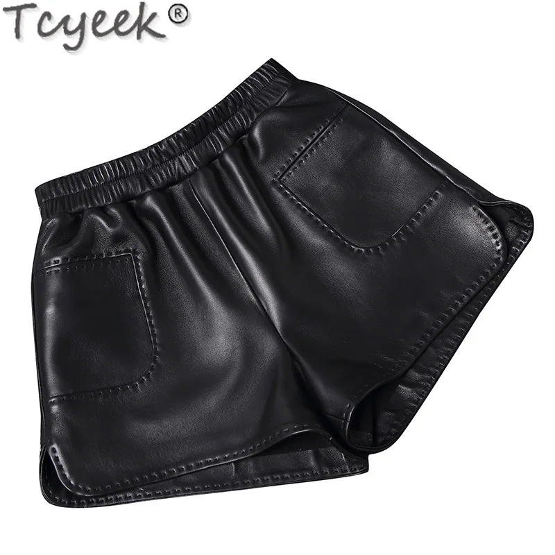 Tcyeek Sheepskin Leather Shorts Women Autumn Winter Thin Elastic High Waist Pants Wide Leg Shorts Genuine Leather Pants Women