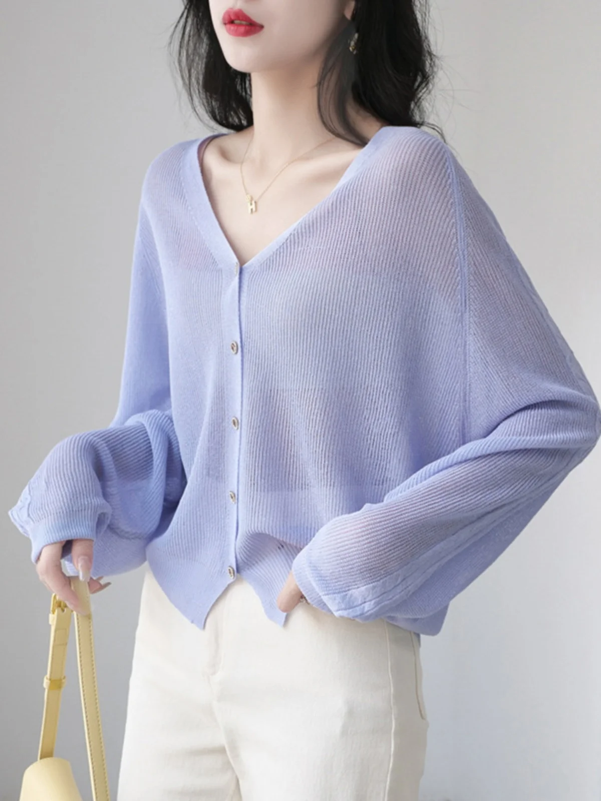 Ice Silk Sun Protection Clothing Cardigan Women 2024 Summer Thin Breathable Outdoor Airable Shirt V-neck Knitted Cover up Sho...