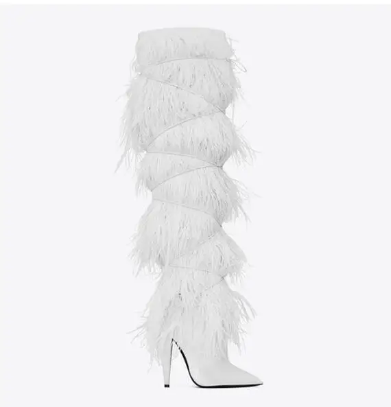 Spike Heeled Blue Black White Ostrich Fur Over The Knee Boots Women High Heel Autumn Winter Tassel Long Boots Plus Size