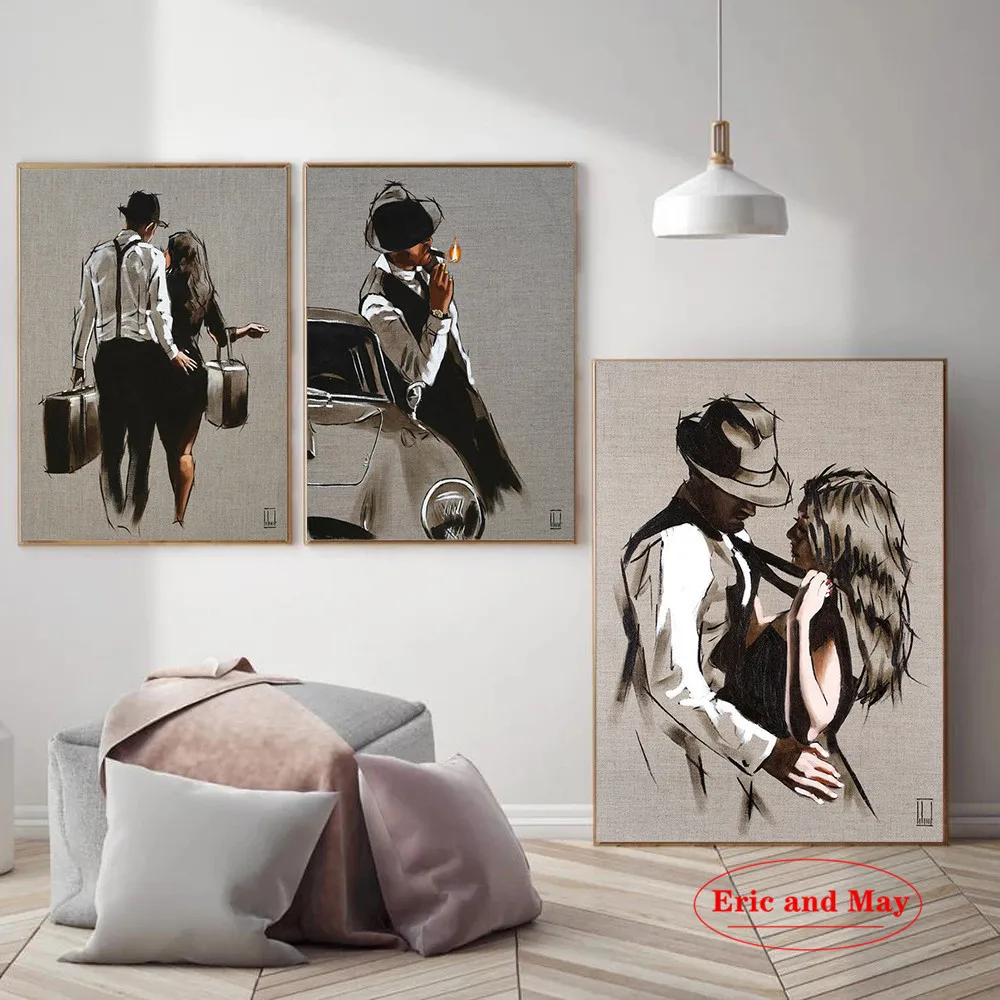 

Retro Style Hugging Couple Smoking Man Modern Painting Art Wall Color Character Sketch Canvas Interior Decoration