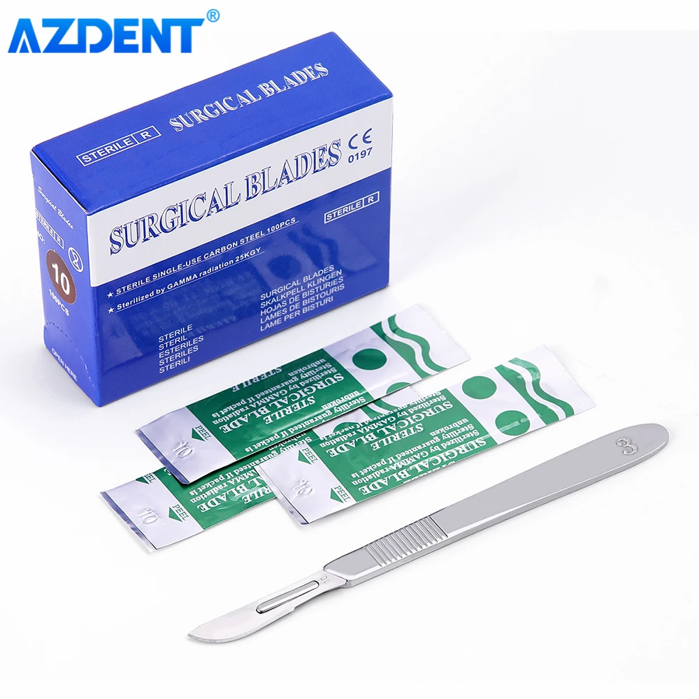 AZDENT 100pcs/Box Dental Surgical Scalpel Sterilized Blades Carbon Steel 10# 11# 15# with 1PC 3# Scalpel Handle Instruments