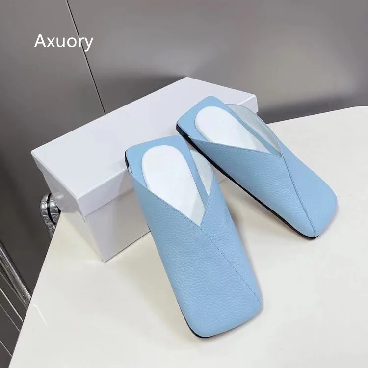 2023 New Flat Bottomed Slippers Solid Color Fashion Square Flat Shoes Genuine Leather Lovely Style High Quality