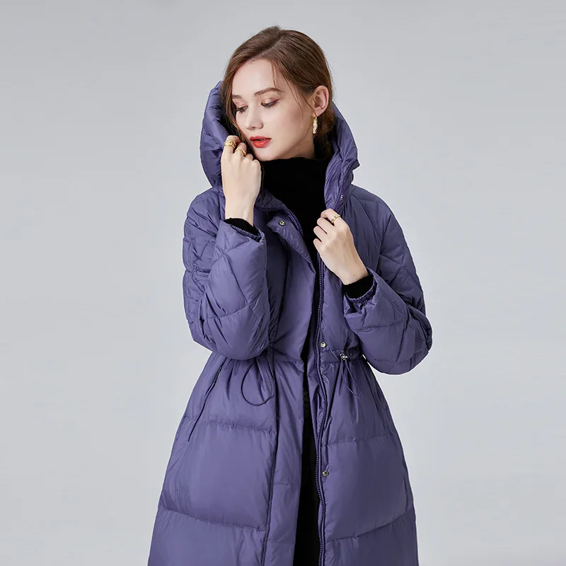 Women Down Jacket Long Classic Zipper Design Black Big Pocket Stand Collar Hooded Slim Coat Women Parkas Winter Coats for Female