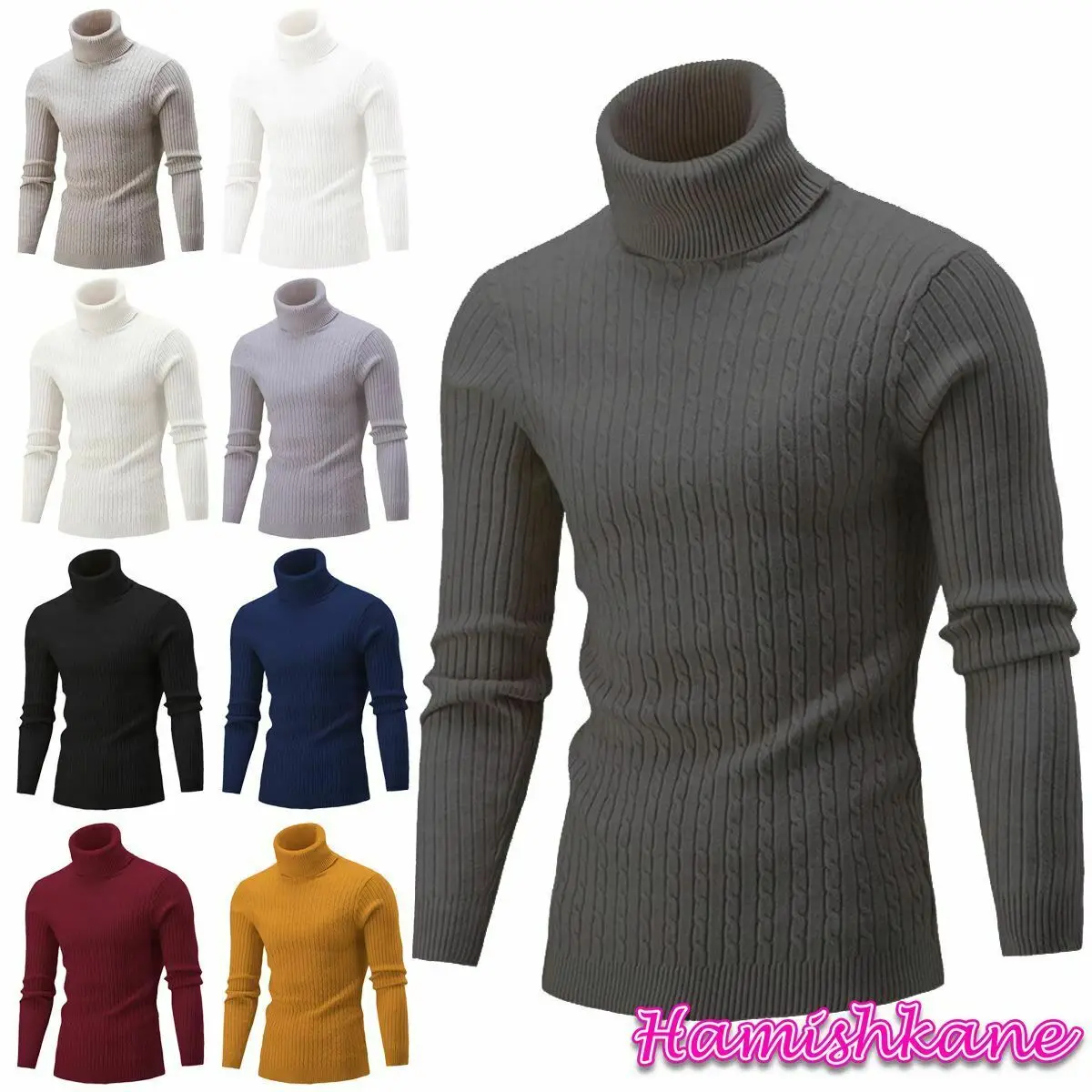 

Mens Turtle Polo Neck 3/4 Sleeve Jumper Cable Knitted Winter Sweater Pullover
