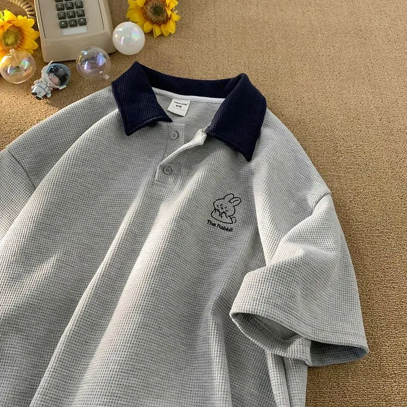 

American trend retro Waffle polo shirt Rabbit print graphic T-shirt Men and Women's Summer Loose Couple Casual Short Sleeve Top