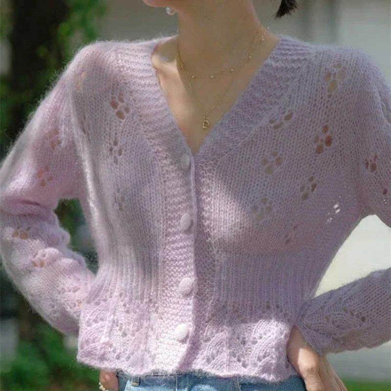 

Women's Sweater Crop Mesh Knit Tops for Woman Purple Cardigan Short in Promotion Free Shipping Offers Clothes Korean Style Cheap