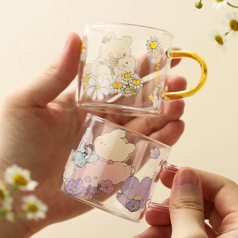 

JINYOUJIA Korea Bear Glass Milk Mug with Handle Milk Mugs Mini Coffee Tea Cup Small Measuring Cups for Home Office
