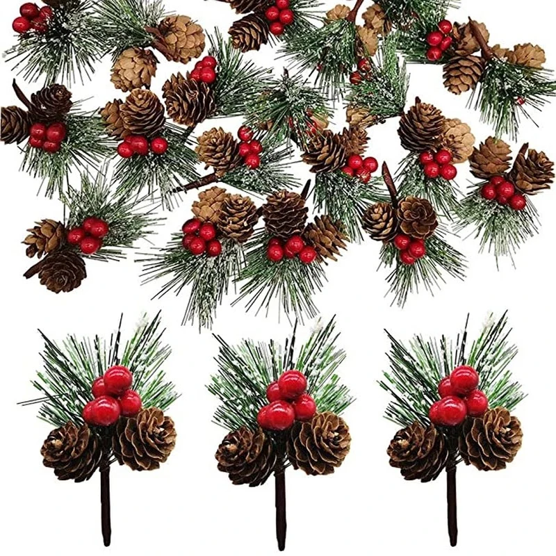 

10pc Mini Artificial Pine Needles Christmas Pine Cone Bell Pine Cone Artificial Pine Artificial Flower Holly Branch Xmas Decor
