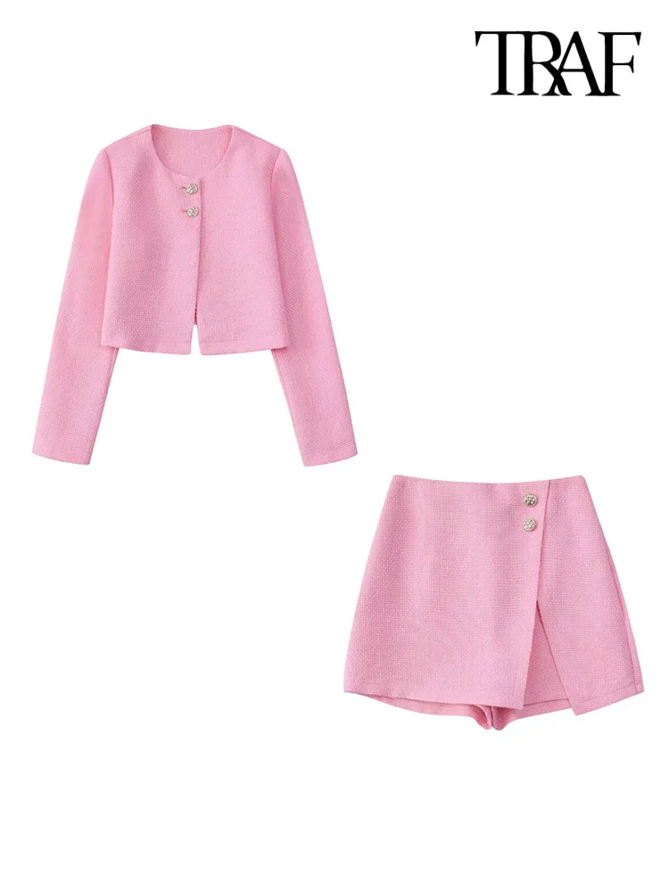 

TRAF Women Fashion Front Buttons Tweed Open Jacket Coat Vintage High Waist Side Zipper Shorts Skirts Female Suits Mujer