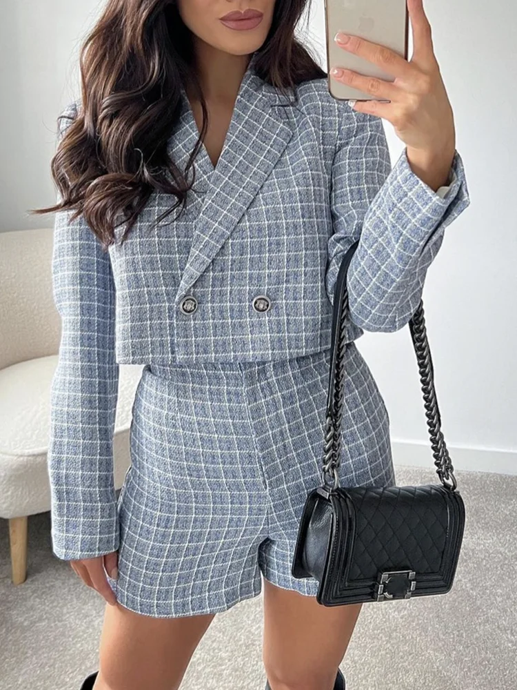 

PTYSIC Fashion Women Blue Plaid Tweed Cropped Blazer Jacket Double Breasted Long Sleeve 2022 New Arrival Chic Streetwear