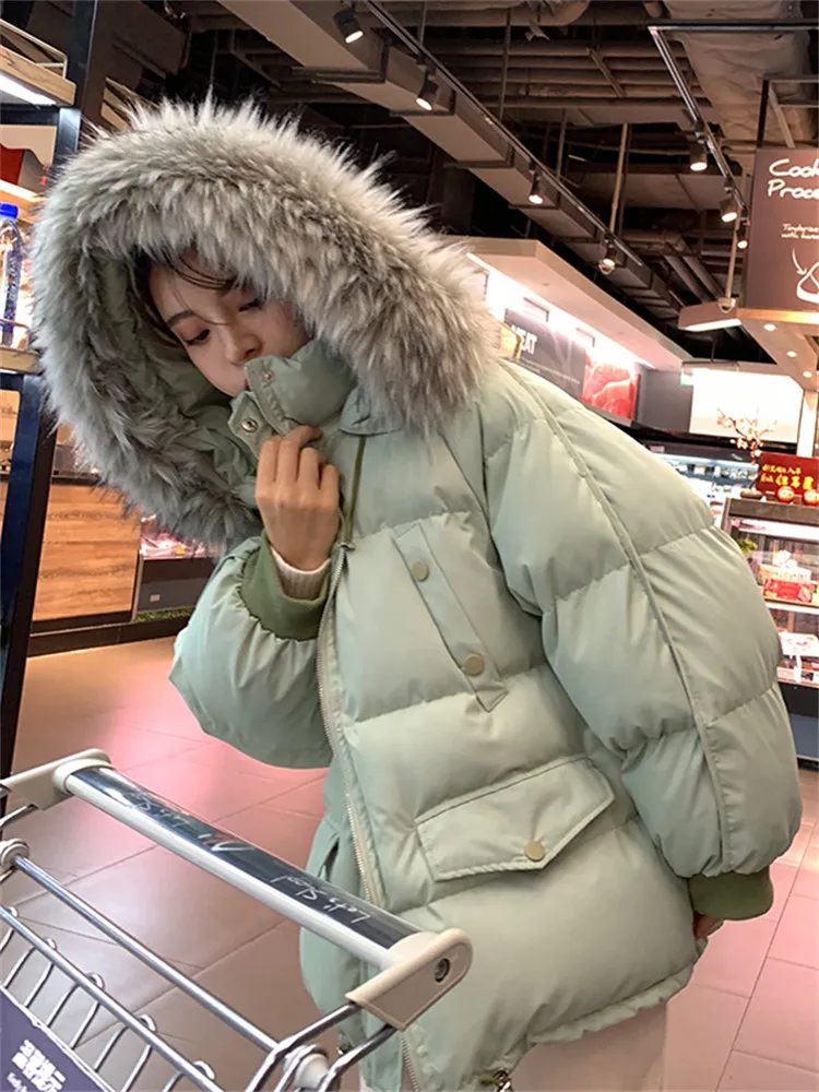 2022 New Down Cotton Coat Women Winter Thickened Bread Clothing Hooded Big Fur Collar Candy Color Jacket Outer Wear JD2253 enlarge