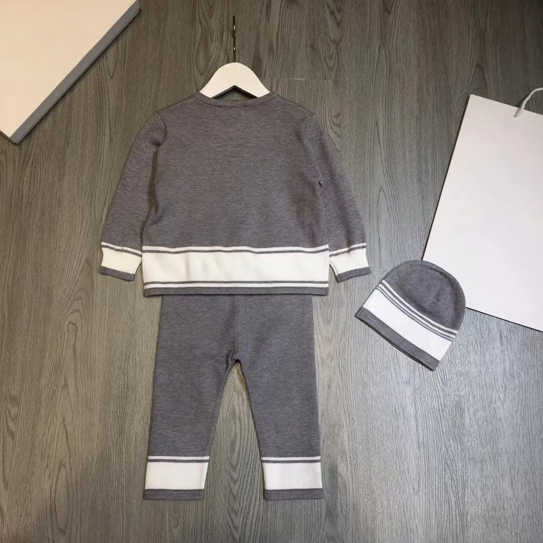 2022 Autumn and winter high-quality fashion brand grey knitted cardigan + pants + Hat three piece set for boys and girls
