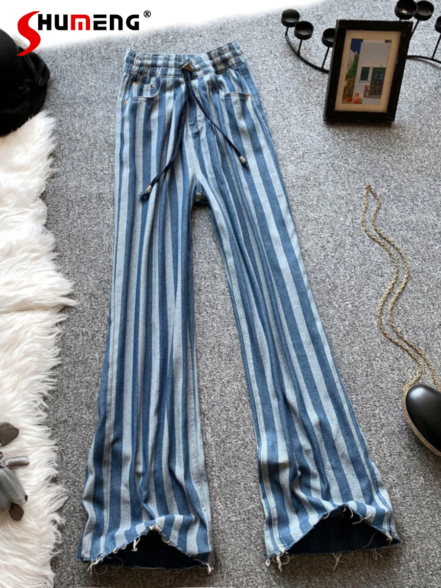 

Women's Wide-Leg Jeans Summer Thin Vertical Striped Drawstring High Waist Ice Silk Straight-Leg Pants Casual Frayed Mop Pants