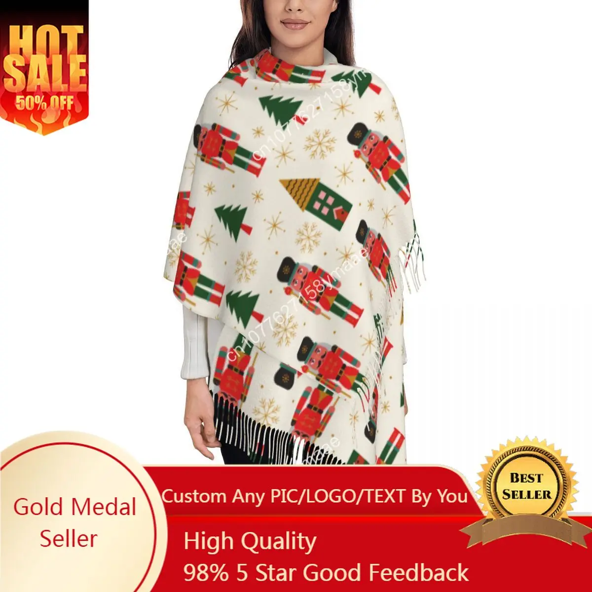 

Womens Tassel Scarf Nutcracker Merry Christmas Long Super Soft Shawl Wrap Nordic New Year Daily Wear Pashmina Scarves