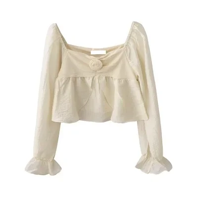 Осенняя новая элегантная укороченная рубашка во французском стиле с 3D розами и