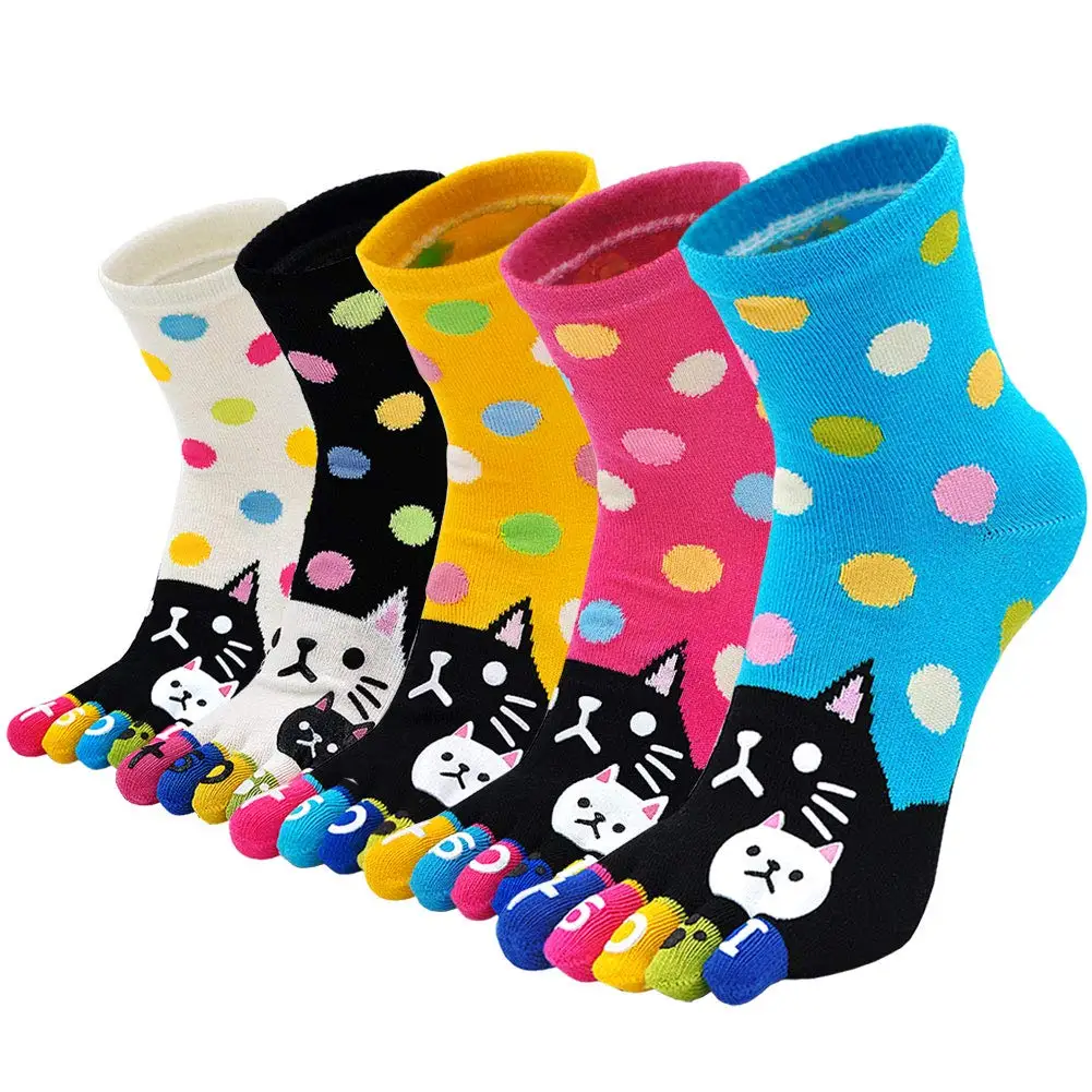 5 Pairs/lot Artfasion Cartoon Cat Dots Women Toe Socks Cotton Comfy Middle Tube Five Finger Sock Athletic Sock For Ladies