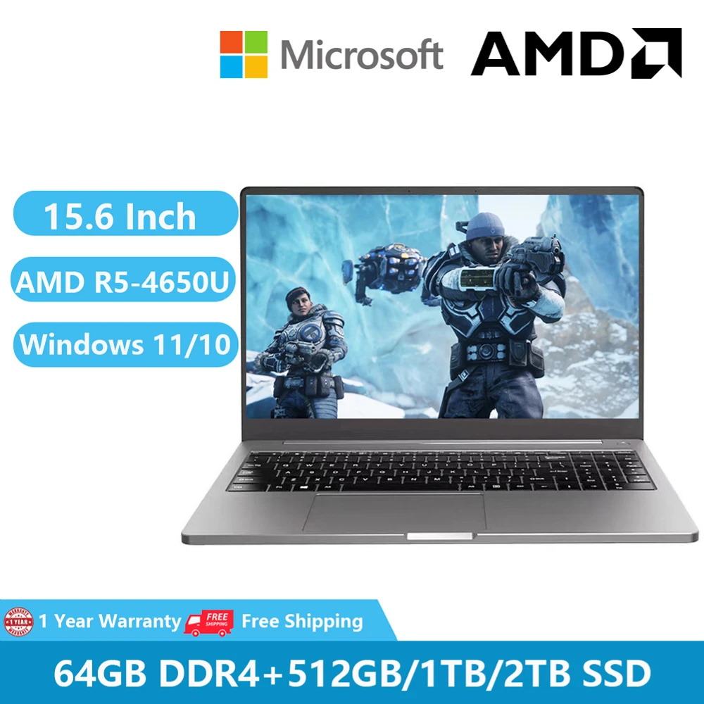 2022 Игровые ноутбуки Windows 11 Pro, компьютер, офисные металлические ноутбуки 15,6 дюймов AMD Ryzen R5-4650U 64 Гб RAM + 1 ТБ Dual DDR4 M.2 Type-C PD