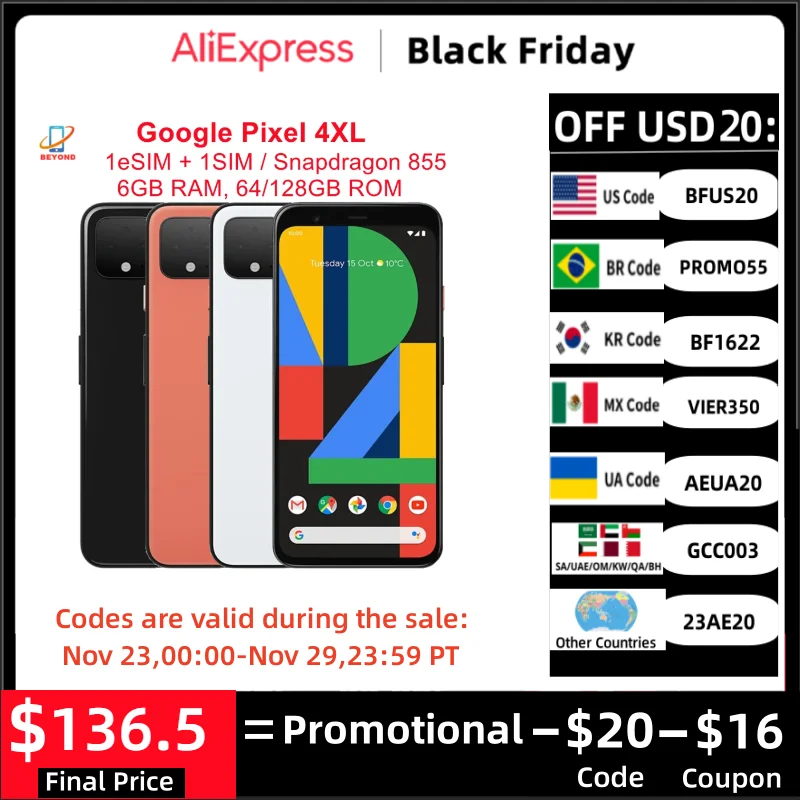 

Google Pixel 4XL XL4 6.3" 6GB RAM 64/128GB ROM NFC Snapdragon FACE ID Octa Core 4G LTE Original Unlocked Android Cell Phone