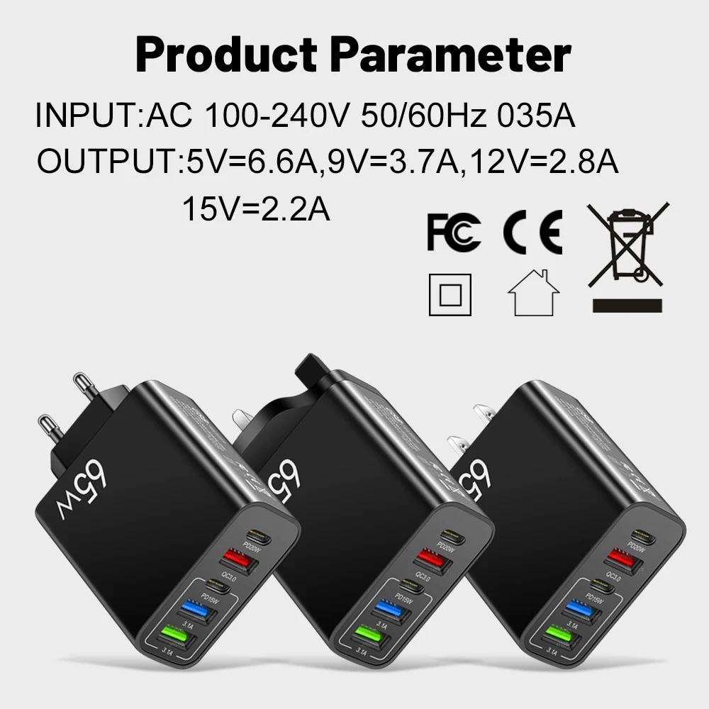 USB Charger 65W Fast Charging Type C Quick Charger 3.0 5 Ports Phone Charger Adapter For iPhone 14 13 Samsung Xiaomi 12 Poco