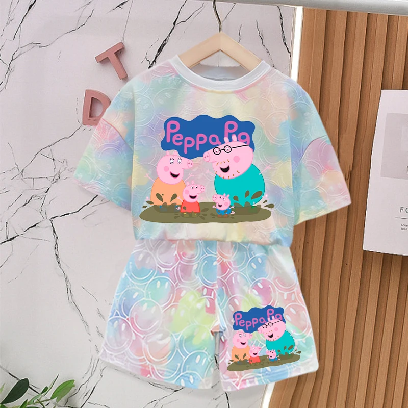Фото Летние комплекты одежды Peppa Pigs для маленьких девочек, милые футболки с принтом тай-дай, детская футболка с короткими рукавами и шорты, 2 шт. №3