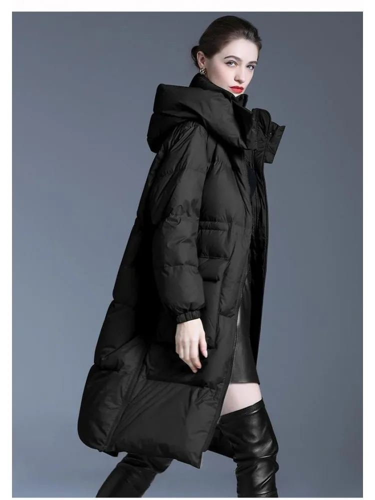 2022 Winter New Long Thicked BlackLoose Padded Bread Clothing Hooded 90 White Duck Down Coats Women Warmer Jackets