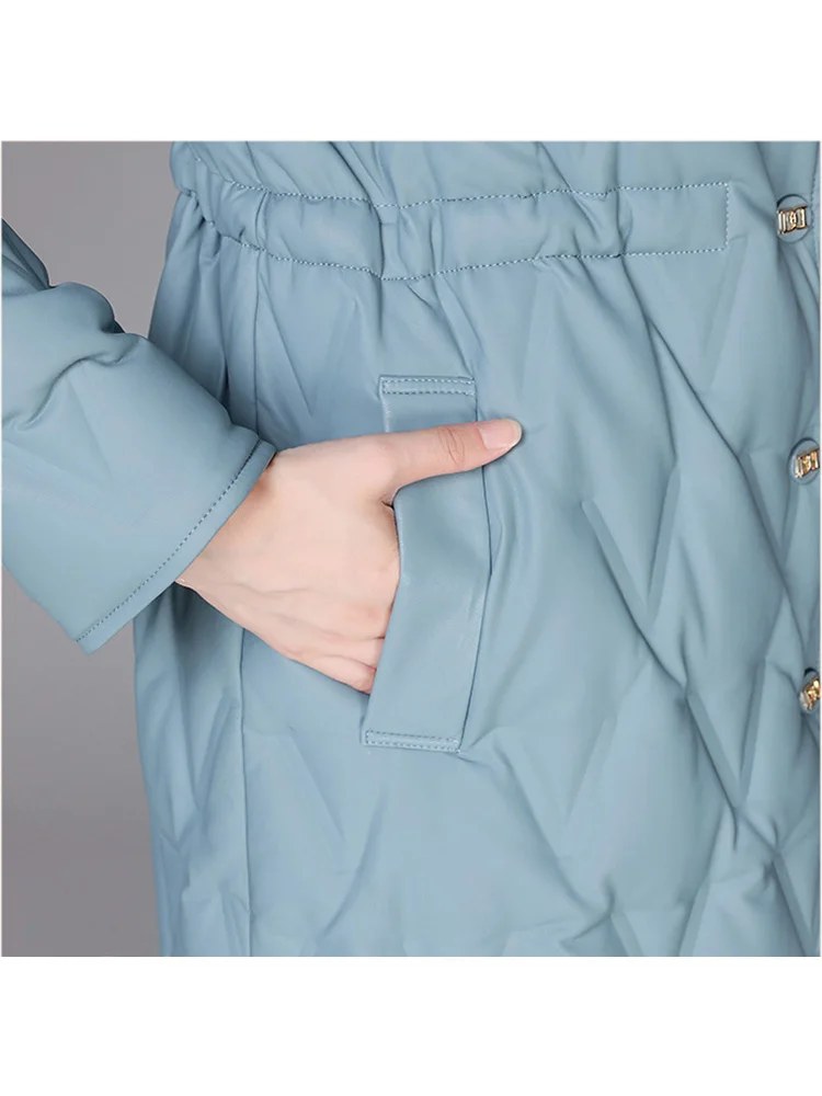 New Women Leather Down Coat Winter Casual Warm Mink Fur Collar Drawstring Waist Sheep Leather Long Down Jacket Thicken Outerwear