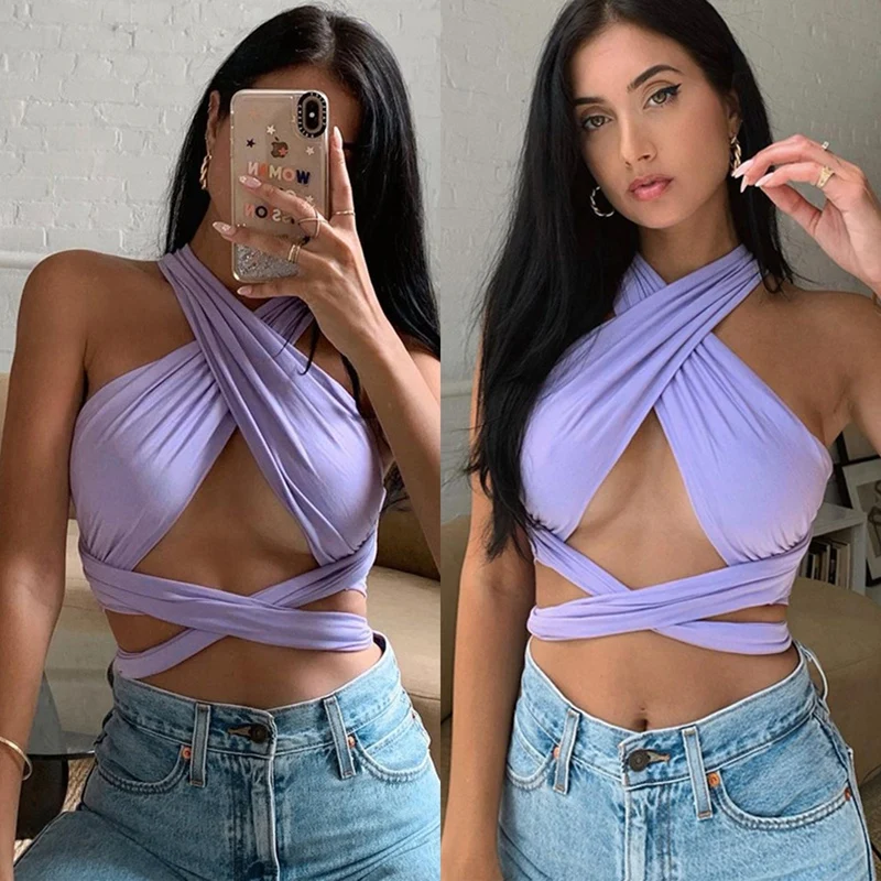 

Women's Sexy Cross Halter Tube Top Vest Hollow Tops Purple