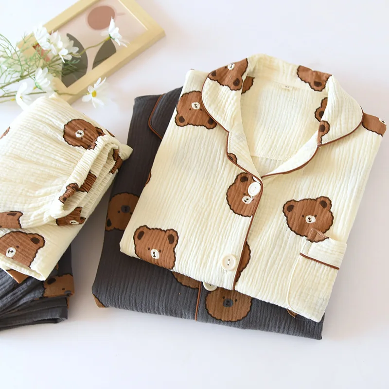 Couple Pajamas Suit Men Thin Long-sleeved Spring Washed Cotton Crepe Lapel  Autumn Trousers Women Cartoon Two-piece Home Clothes