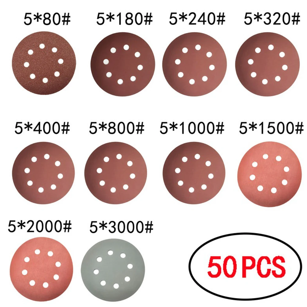 

50pcs 5 Inch 8 Hole Disc Mixed Grit Flocking Sandpaper Dry Abrasive SandPapers For Wood Metal Polishing 125mm 80-3000 Grits