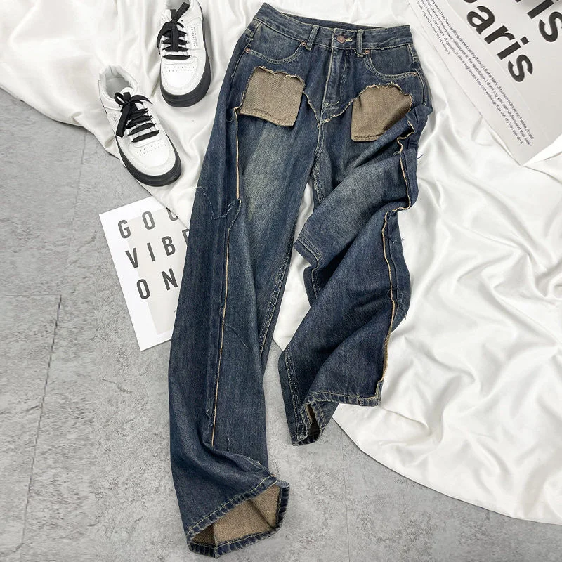 

High Waist Vintage Fake Two Piece Jeans Women Spring 2023 New Flip Out Pocket Straight Full Length Loose Pants Female Tops