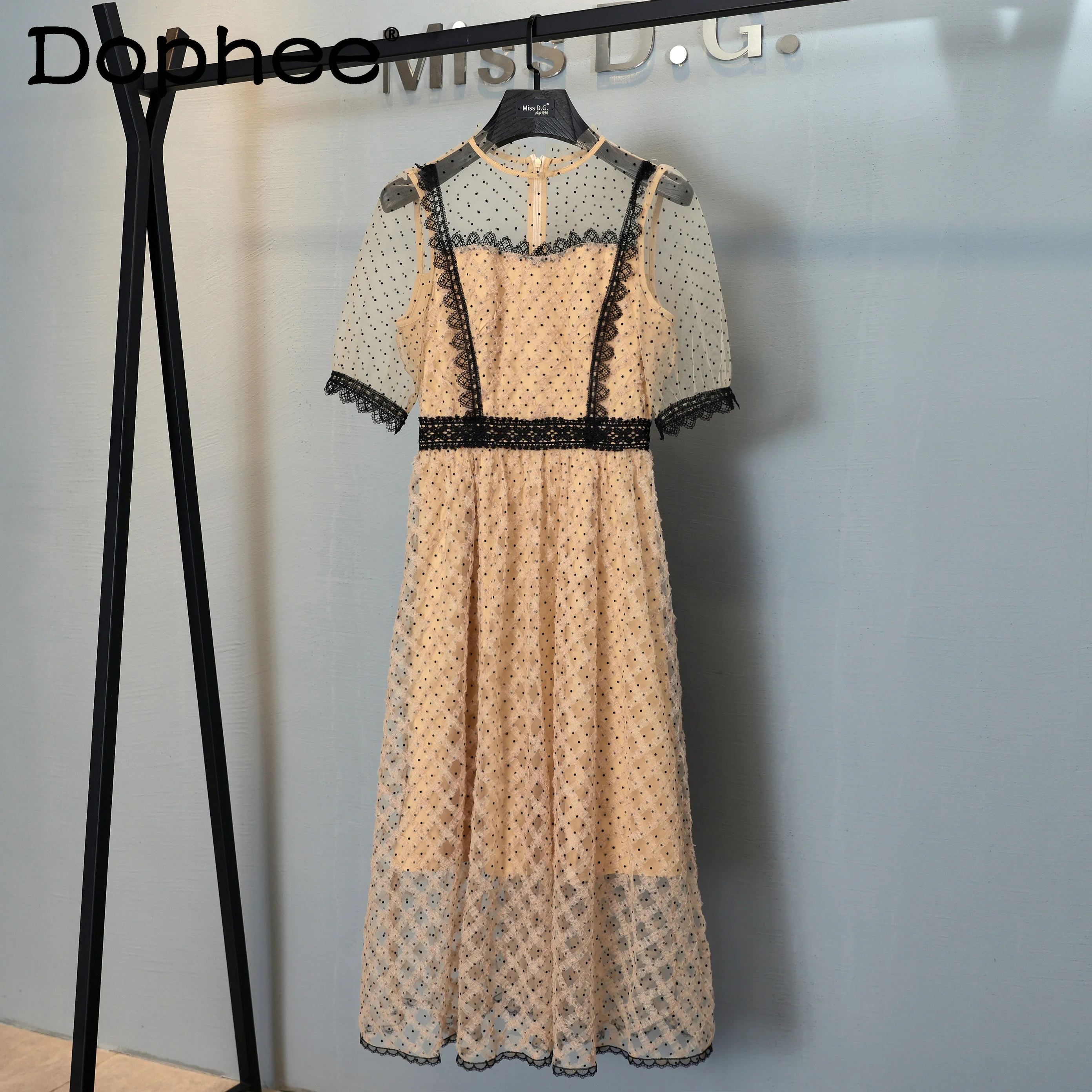 

High-End O-Neck Short Sleeve Polka-Dot Long Dress Women High Waist Lace Stitching Mesh Dress 2022 Summer New Office Lady Vestido