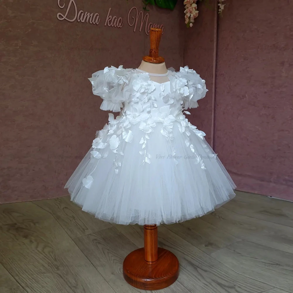 

White Princess O Neck Short Sleeves Soft Tulle Wedding Dress For Girls Applique Backless Beading Birthday Prom Gown Christmas